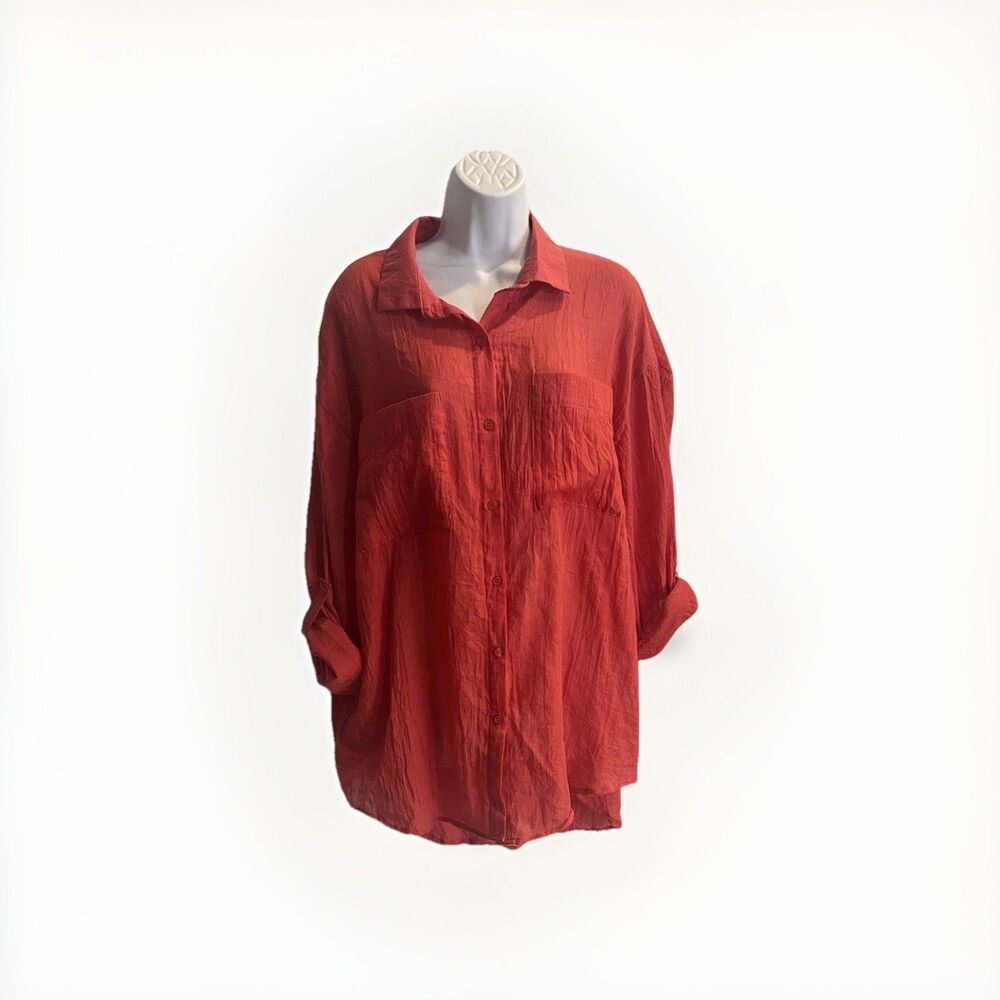 L.I.F.E. Love is for Eternity Coral Open Back Tie Button Down Shirt Women Sz 18